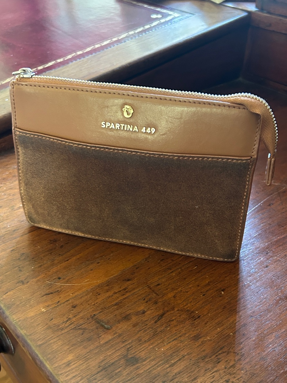 Spartina 449 Women’s Genuine Tan Leather & Brown Suede Zip Clutch Bag